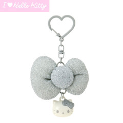 Japan Sanrio Original Swaying Ribbon Charm Keychain - Hello Kitty : I Love Hello Kitty Face Silver