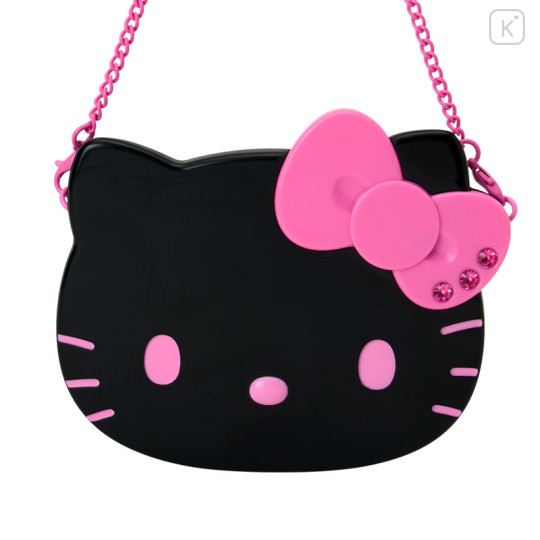 Japan Sanrio Original 2-sided Compact Mirror with Chain - Hello Kitty : I Love Hello Kitty Face Black Pink - 2