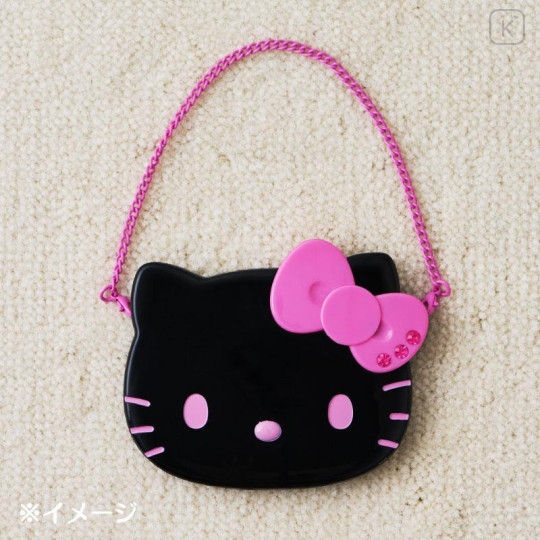 Japan Sanrio Original 2-sided Compact Mirror with Chain - Hello Kitty : I Love Hello Kitty Face Black Pink - 6