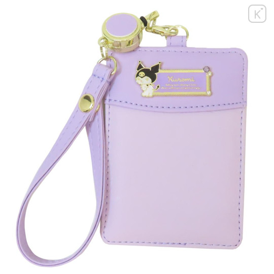 Japan Sanrio Pass Case Card Holder & Reel - Kuromi : Purple Gold Embossed - 1
