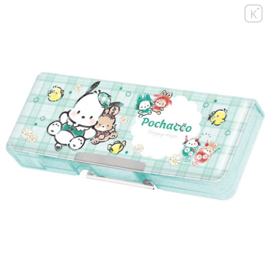 Japan Sanrio Double-opening Pencil Case - Pochacco : Gingham Green - 1