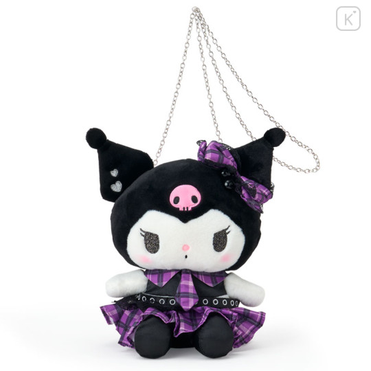 Japan Sanrio Original Plush Pochette Crossbody Shoulder Bag - Kuromi : Sweet Rock 'n' Check Gingham - 1