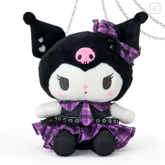 Japan Sanrio Original Plush Pochette Crossbody Shoulder Bag - Kuromi : Sweet Rock 'n' Check Gingham - 2