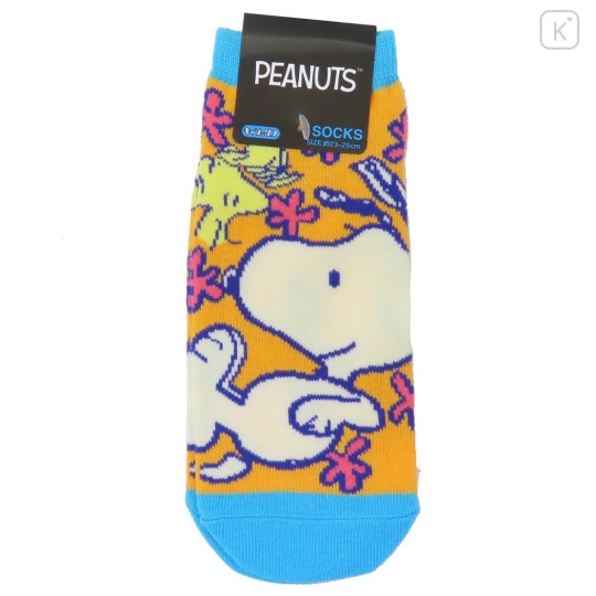 Japan Peanuts Fluffy Socks - Snoopy & Woodstock : Flower Orange Blue - 1