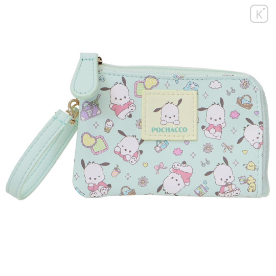 Japan Sanrio Mini Pouch & Pass Case Card Holder with Reel - Pochacco : Fav Hobby Mint - 1