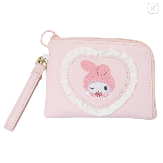 Japan Sanrio Mini Pouch & Pass Case Card Holder with Reel - My Melody : 50th Anniversary Angel Pink Frill - 1