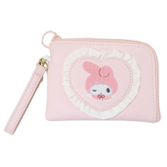 Japan Sanrio Mini Pouch &amp; Pass Case Card Holder with Reel - My Melody : 50th Anniversary Angel Pink Frill