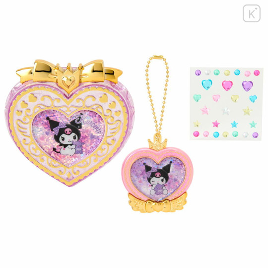 Japan Sanrio Original Heart-Shaped Glitter Trinket Box & Charm Set - Kuromi : Compact Gold - 1