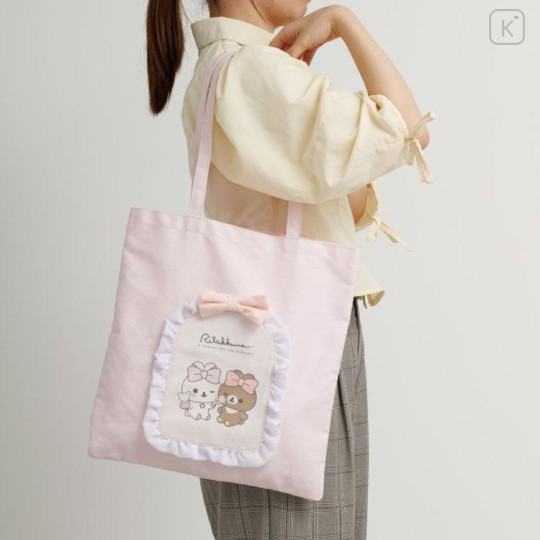 Japan San-X Tote Bag - Chairoikoguma & Korilakkuma : Makeup Rilakkuma Tulle Ribbon Pink - 4