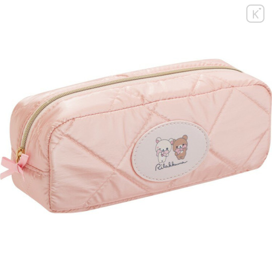 Japan San-X Pen Pouch Pencil Case - Chairoikoguma & Korilakkuma : Makeup Rilakkuma Quilted Ribbon Pink - 1
