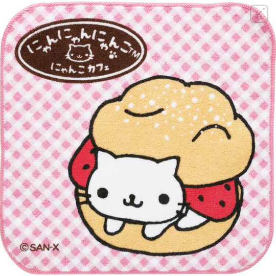 Japan San-X Mini Towel Handkerchief - Nyan Nyan Nyanko : Retro Strawberry Cream Puff Cat - 1