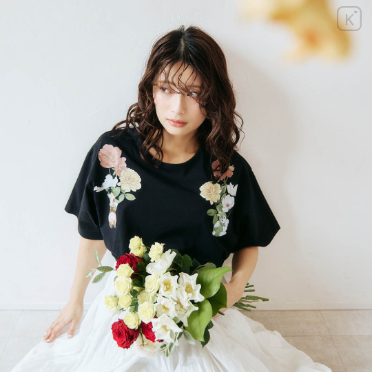 Japan Mofusand Hibiya Kadan T-shirt (M) - Flora Rabbit Cat Black - 5