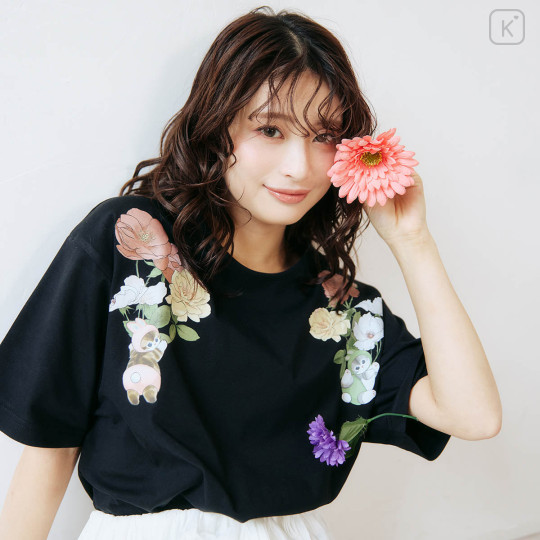 Japan Mofusand Hibiya Kadan T-shirt (L) - Flora Rabbit Cat Black - 2
