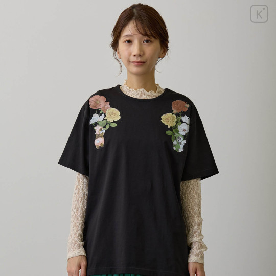 Japan Mofusand Hibiya Kadan T-shirt (L) - Flora Rabbit Cat Black - 7
