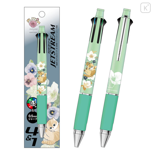 Japan Mofusand Hibiya Kadan Jetstream 4&1 Multi Ballpoint Pen + Mechanical Pencil - Flora Winter Cat Mint - 1