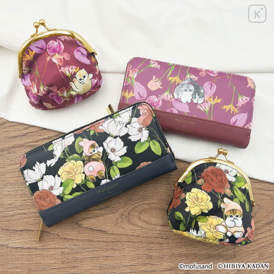 Japan Mofusand Hibiya Kadan Gamaguchi Clasp Pouch - Flora Cat Dark Red Pink - 2