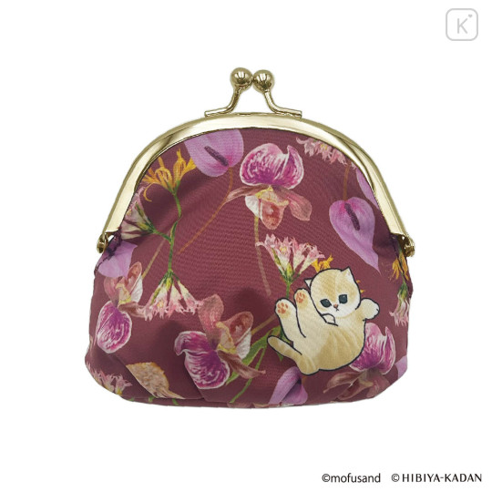 Japan Mofusand Hibiya Kadan Gamaguchi Clasp Pouch - Flora Cat Dark Red Pink - 3