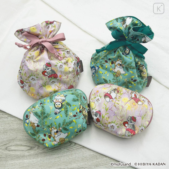 Japan Mofusand Hibiya Kadan Drawstring Bag - Flora Cat Bird Penguin Green - 2