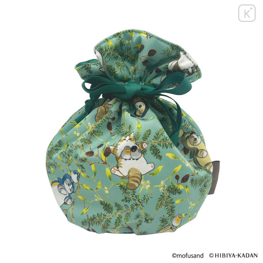 Japan Mofusand Hibiya Kadan Drawstring Bag - Flora Cat Bird Penguin Green - 3