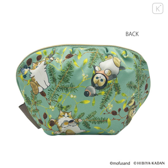 Japan Mofusand Hibiya Kadan Round Cosmetic Pouch - Flora Cat Bird Penguin Green - 4