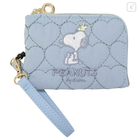 Japan Peanuts Mini Pouch & Pass Case Card Holder with Reel - Snoopy & Woodstock : Sky Blue - 1