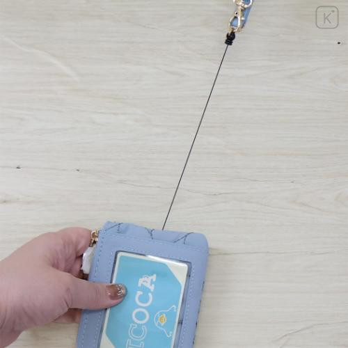 Japan Peanuts Mini Pouch & Pass Case Card Holder with Reel - Snoopy & Woodstock : Sky Blue - 4