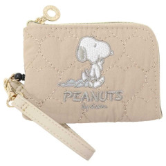 Japan Peanuts Mini Pouch & Pass Case Card Holder with Reel - Snoopy : Beige