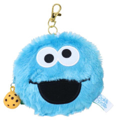 Japan Sesame Street Plush Pass Case Pouch with Reel - Cookie Monster Happy