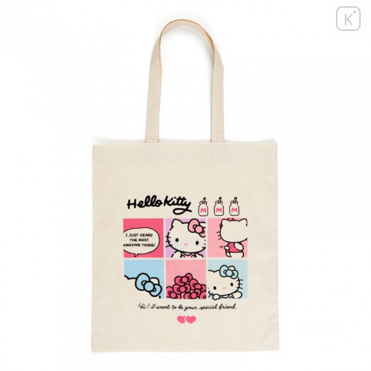 Japan Sanrio Cotton Tote Bag - Hello Kitty / Grid Comic - 1