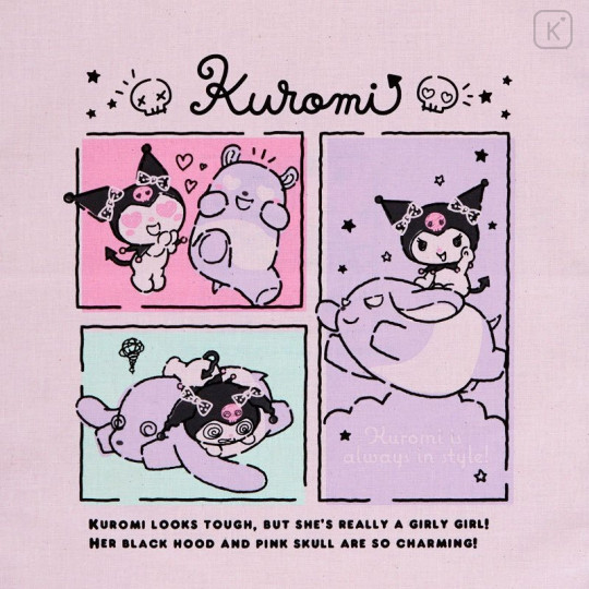 Japan Sanrio Cotton Tote Bag - Kuromi / Grid Comic - 3