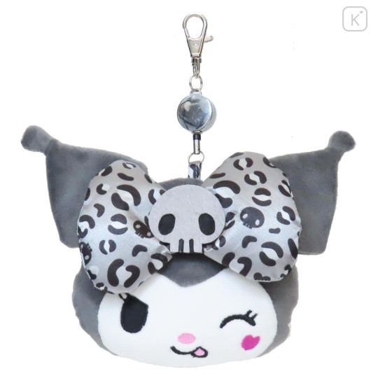 Japan Sanrio Plush Pass Case Pouch with Reel - Kuromi : Wink Leopard Grey - 1