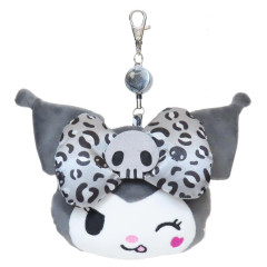 Japan Sanrio Plush Pass Case Pouch with Reel - Kuromi : Wink Leopard Grey