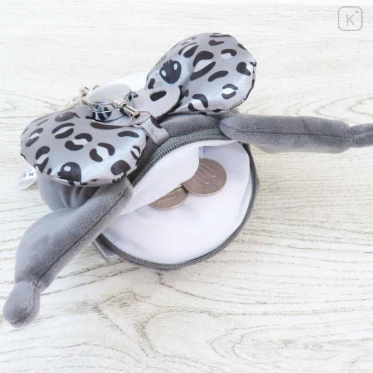 Japan Sanrio Plush Pass Case Pouch with Reel - Kuromi : Wink Leopard Grey - 3