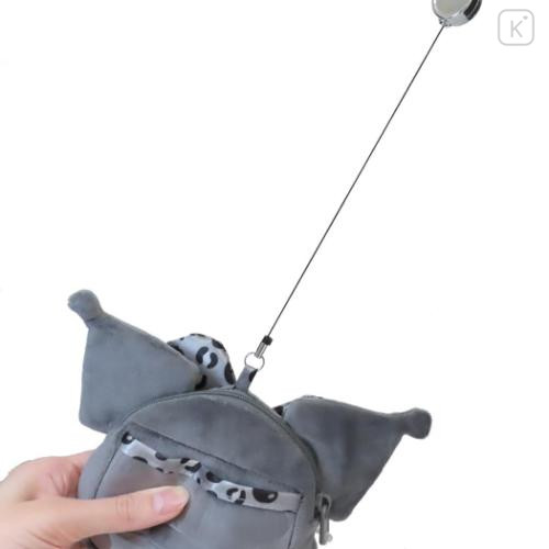 Japan Sanrio Plush Pass Case Pouch with Reel - Kuromi : Wink Leopard Grey - 4