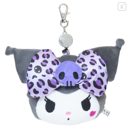 Japan Sanrio Plush Pass Case Pouch with Reel - Kuromi : Leopard Purple - 1