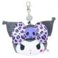 Japan Sanrio Plush Pass Case Pouch with Reel - Kuromi : Leopard Purple - 1