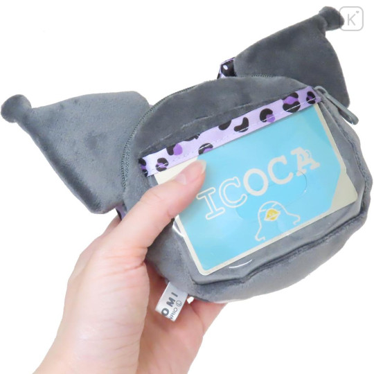 Japan Sanrio Plush Pass Case Pouch with Reel - Kuromi : Leopard Purple - 2