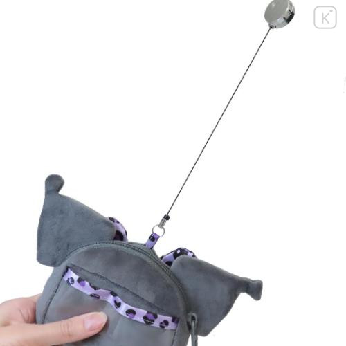 Japan Sanrio Plush Pass Case Pouch with Reel - Kuromi : Leopard Purple - 4