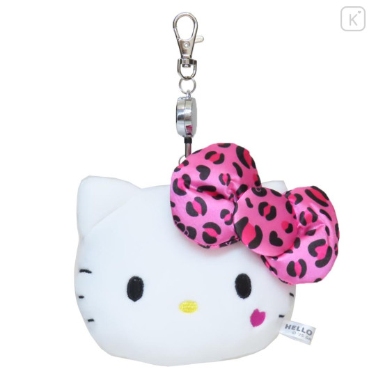 Japan Sanrio Plush Pass Case Pouch with Reel - Hello Kitty : Leopard Pink - 1