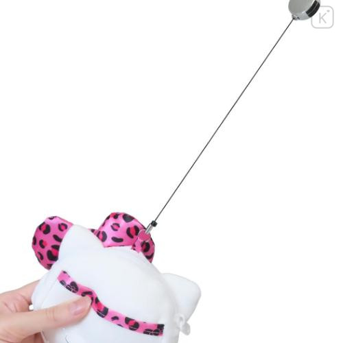 Japan Sanrio Plush Pass Case Pouch with Reel - Hello Kitty : Leopard Pink - 4