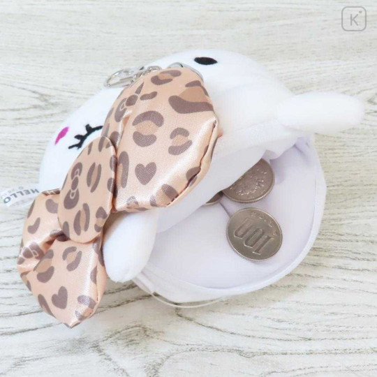 Japan Sanrio Plush Pass Case Pouch with Reel - Hello Kitty : Leopard Brown - 3
