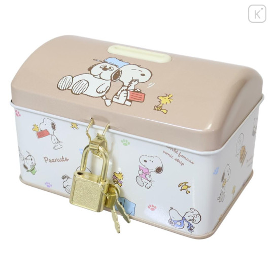 Japan Peanuts Can Piggy Bank with Lock Case - Olaf & Snoopy & Woodstock : Beige - 1