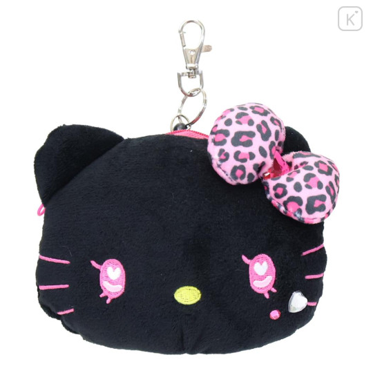 Japan Sanrio Plush Pass Case Pouch with Reel - Hello Kitty : Heart Eyes Leopard Pink Black - 1