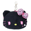 Japan Sanrio Plush Pass Case Pouch with Reel - Hello Kitty : Heart Eyes Leopard Pink Black - 1