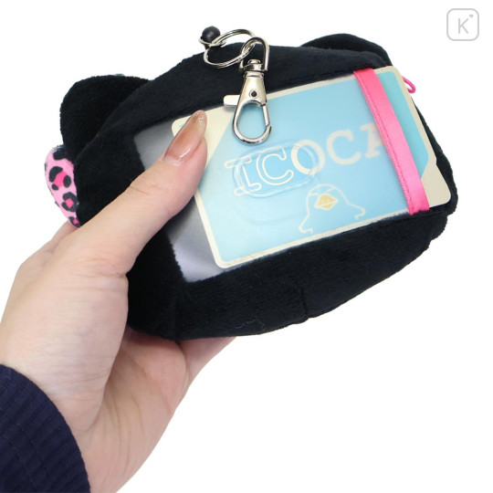 Japan Sanrio Plush Pass Case Pouch with Reel - Hello Kitty : Heart Eyes Leopard Pink Black - 2