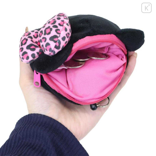 Japan Sanrio Plush Pass Case Pouch with Reel - Hello Kitty : Heart Eyes Leopard Pink Black - 3