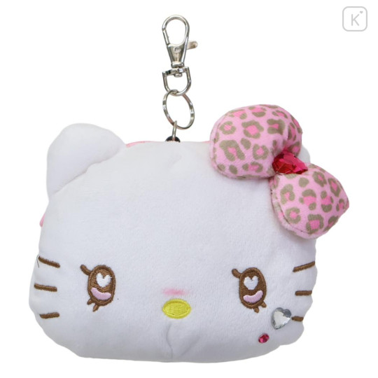 Japan Sanrio Plush Pass Case Pouch with Reel - Hello Kitty : Heart Eyes Leopard Pink - 1