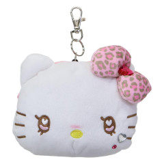 Japan Sanrio Plush Pass Case Pouch with Reel - Hello Kitty : Heart Eyes Leopard Pink
