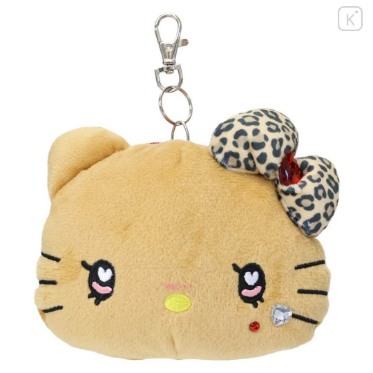 Japan Sanrio Plush Pass Case Pouch with Reel - Hello Kitty : Heart Eyes Leopard Tan - 1