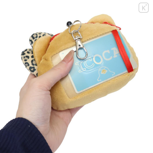 Japan Sanrio Plush Pass Case Pouch with Reel - Hello Kitty : Heart Eyes Leopard Tan - 2